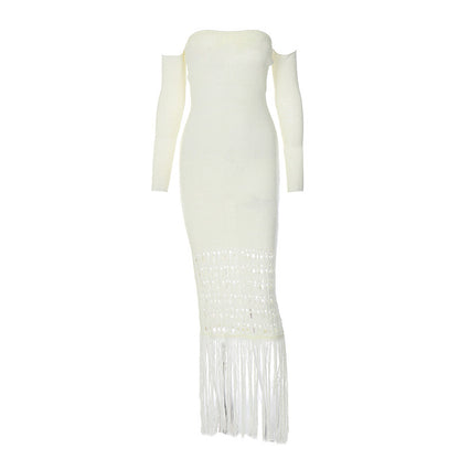Women's Woolen Elegant Slim-fit Tassel Dress With Long Sleeves