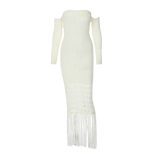 Women's Woolen Elegant Slim-fit Tassel Dress With Long Sleeves