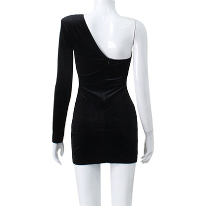 European And American One-sleeve Right-angle Shoulder Design Pleated Hollow Silk Elegant Dress
