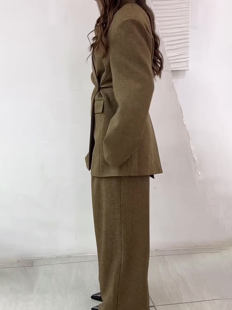 Solid Color Slit Back Buttoned Waist Blazer & High Waist Pants Set