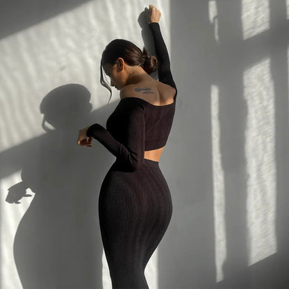 Autumn Winter Sexy Long Sleeve Sweater Dress Two-piece Set Skinny Knit