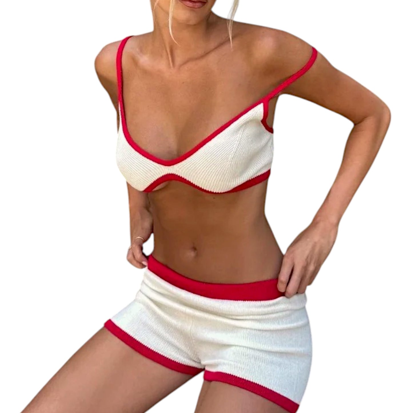 Tossy Summer Contrast Knit Outfits – Halter Top & Short Trousers Set (Y2K Style)