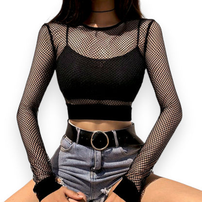Women's Transparent Mesh Long Sleeve Top – Hollow Out Short Blouse for Club, Party, or Street Style