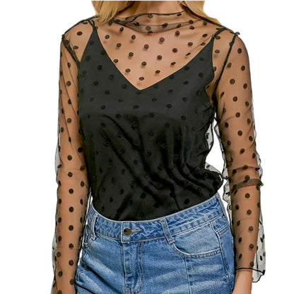 Women’s Lace Mesh  - Turtle Neck Sexy See Through Tee Shirts Party Club Night Lace Blouse