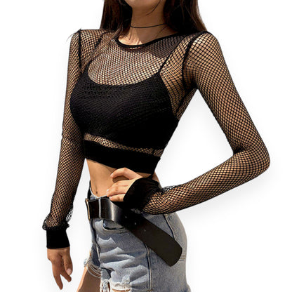 Women's Transparent Mesh Long Sleeve Top – Hollow Out Short Blouse for Club, Party, or Street Style