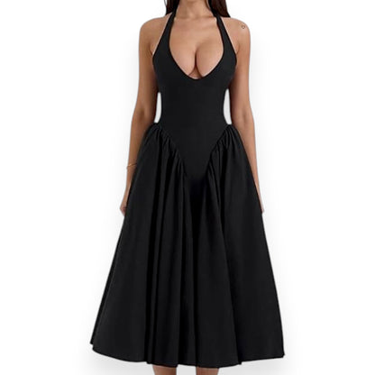 Women’s Fashion Long Summer Dress – Deep V Neck, Spliced Halter, Open Back Evening & Beach Dress