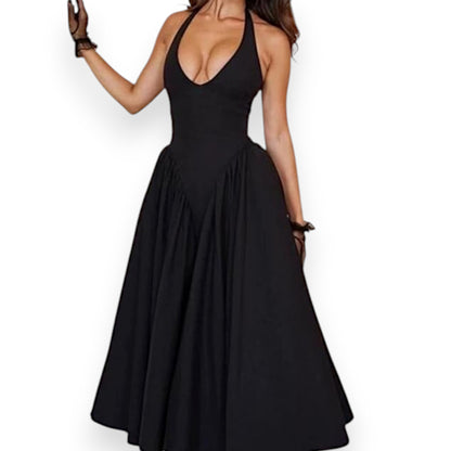 Women’s Fashion Long Summer Dress – Deep V Neck, Spliced Halter, Open Back Evening & Beach Dress