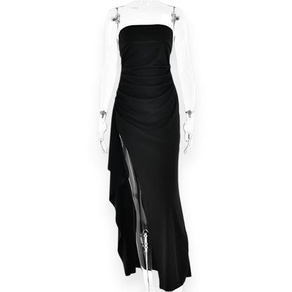 Women's Strapless Backless Maxi Dress - Sexy Bodycon Ruched Off Shoulder Evening Gown with High Slit for Party & Cocktail