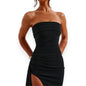 Women's Strapless Backless Maxi Dress - Sexy Bodycon Ruched Off Shoulder Evening Gown with High Slit for Party & Cocktail