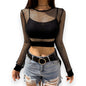 Women's Transparent Mesh Long Sleeve Top – Hollow Out Short Blouse for Club, Party, or Street Style