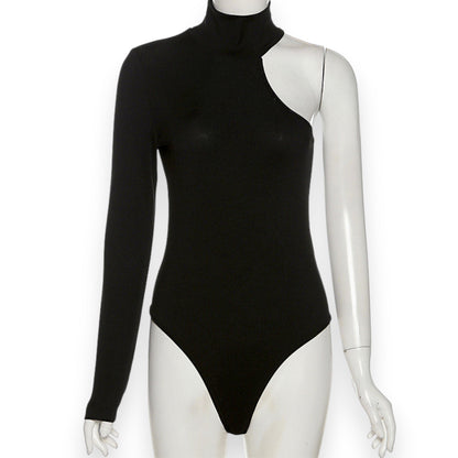 Hot Girl French Style One Shoulder Top – Slim Bodysuit with Long Sleeves