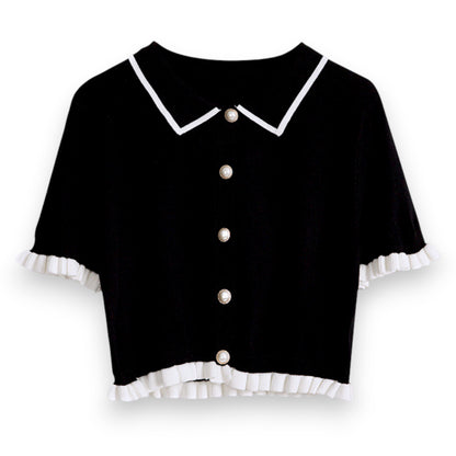 Women’s Slim Fit Korean Knit Blouse – Casual Round Neck Short Sleeve Button Shirt