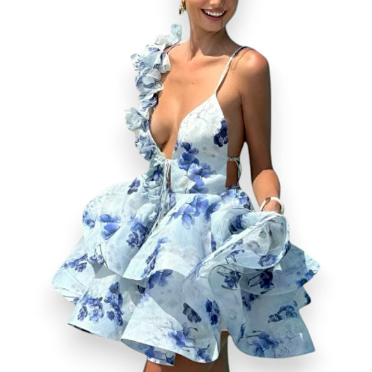 Women's Floral Halter Backless Summer Dress – Fashion Pleated Puffy Dress