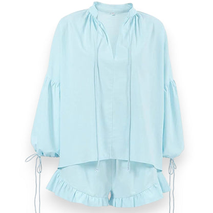 Lace-up Suits Loose V-neck Lantern Sleeve Top And Ruffles Shorts Solid Two-piece Set Womens Clothing