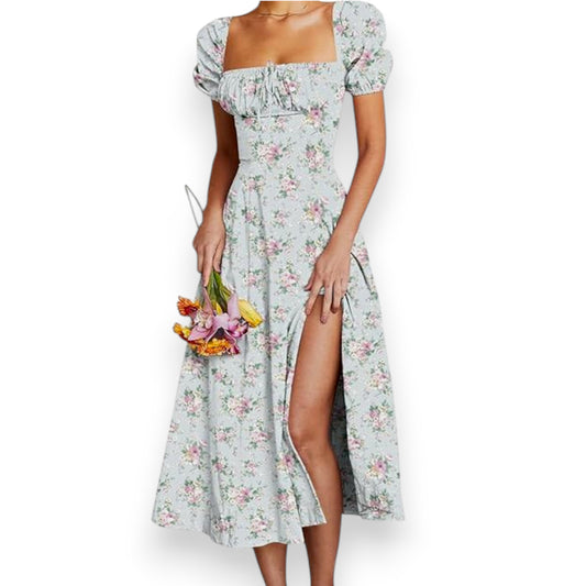 Women's Floral Puff Sleeve Maxi Dress – Summer Casual Long Dress with Side Split