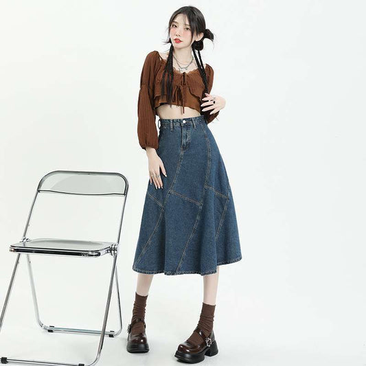 Long Skirt High Waist Denim Skirt Cross Skirt For Women