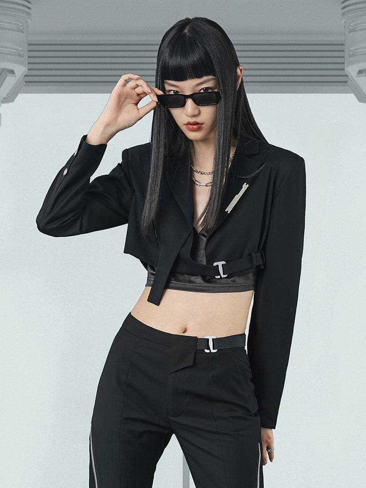 Short Cropped Navel Blazer Black Autumn