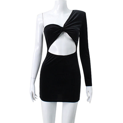 European And American One-sleeve Right-angle Shoulder Design Pleated Hollow Silk Elegant Dress