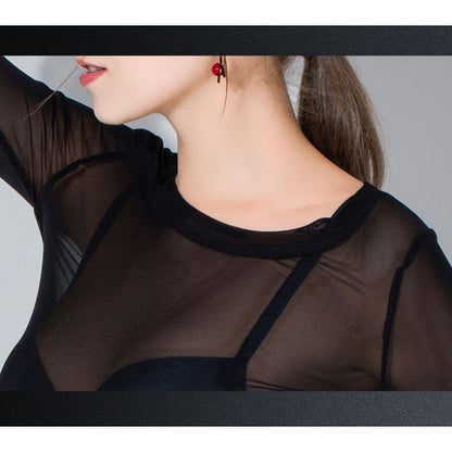 Women's Long Sleeve New Transparent Black Veil Inner Lace Half Gauze Clothes Skirt Top