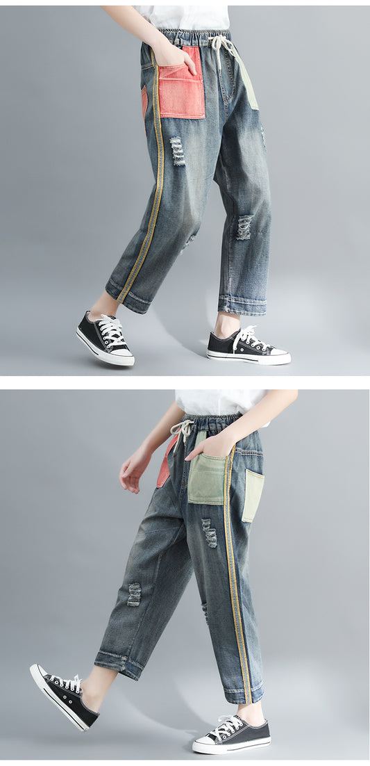 Artistic Contrast Color Washed Worn Jeans Women's All-matching Loose Casual Harem Pants