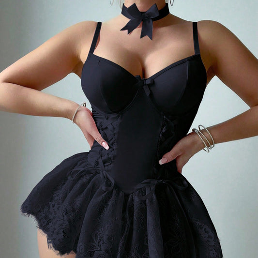 Retro Pure Style Sexy Deep V-neck Lace Dress Sexy Lingerie