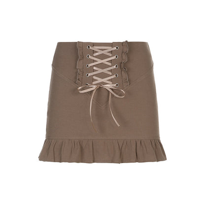 Women's Skinny Panel Lace-Up Brown Ruffle Pack Hip Skirt