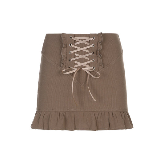 Women's Skinny Panel Lace-Up Brown Ruffle Pack Hip Skirt