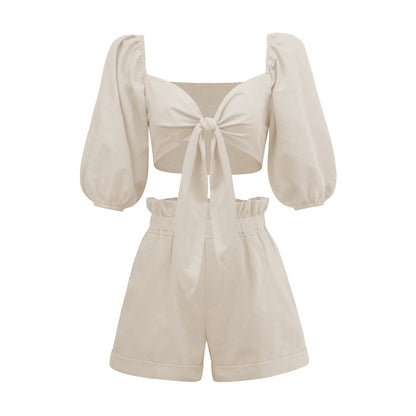 Women's Lantern Mid Sleeve Cardigan Wide Leg Pocket Shorts Casual Suit
