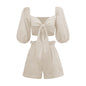 Women's Lantern Mid Sleeve Cardigan Wide Leg Pocket Shorts Casual Suit