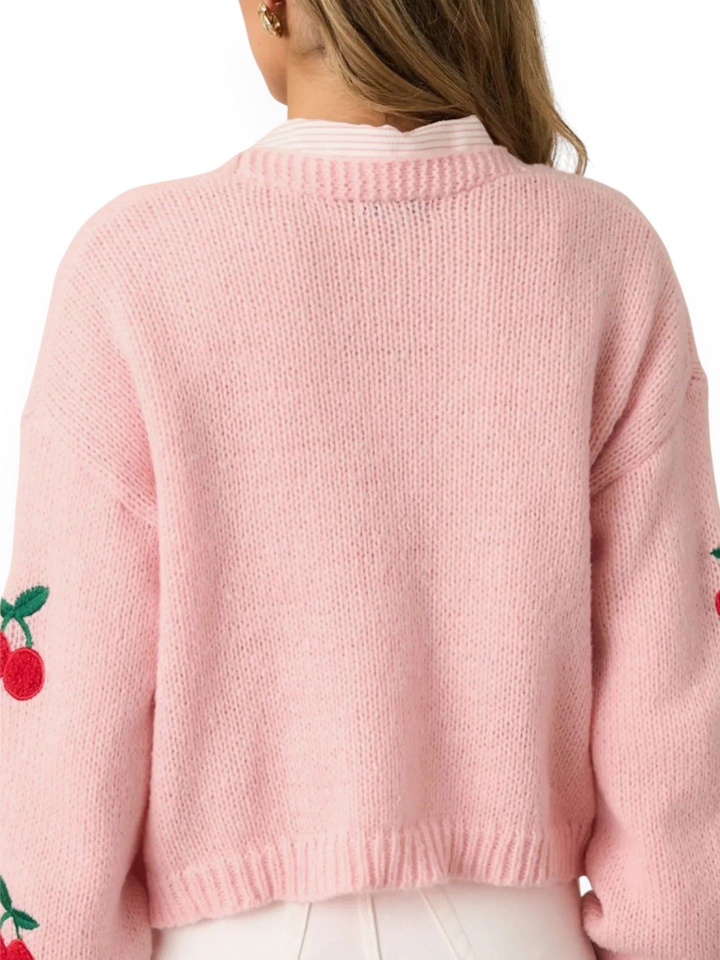 Women’s Cherry Embroidered Pink Cardigan – Elegant Long Sleeve Open Front
