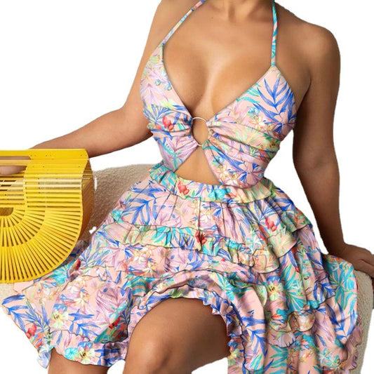 Hollow Out Strap V-neck Elegant Halter Printing Slip Dress