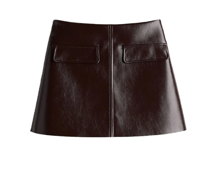 Women's Lapel Button PU Coat Mini Skirt Two-piece Set