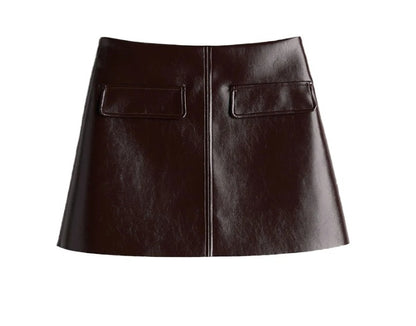 Women's Lapel Button PU Coat Mini Skirt Two-piece Set