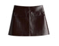 Women's Lapel Button PU Coat Mini Skirt Two-piece Set