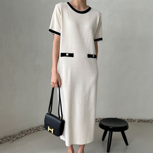Elegant Round Neck Contrasting Color Design Ladies Dress