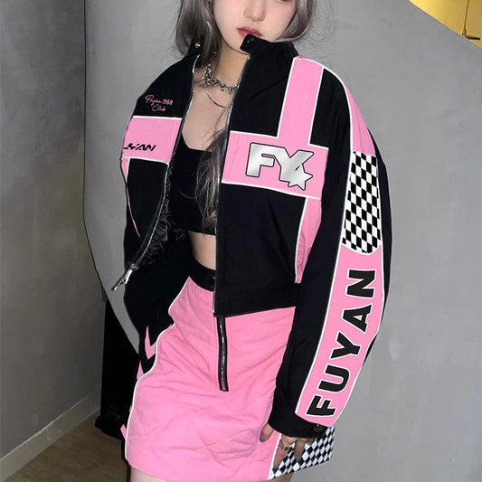 Women's Fashion Biker Baseball Jacket Skirt Set