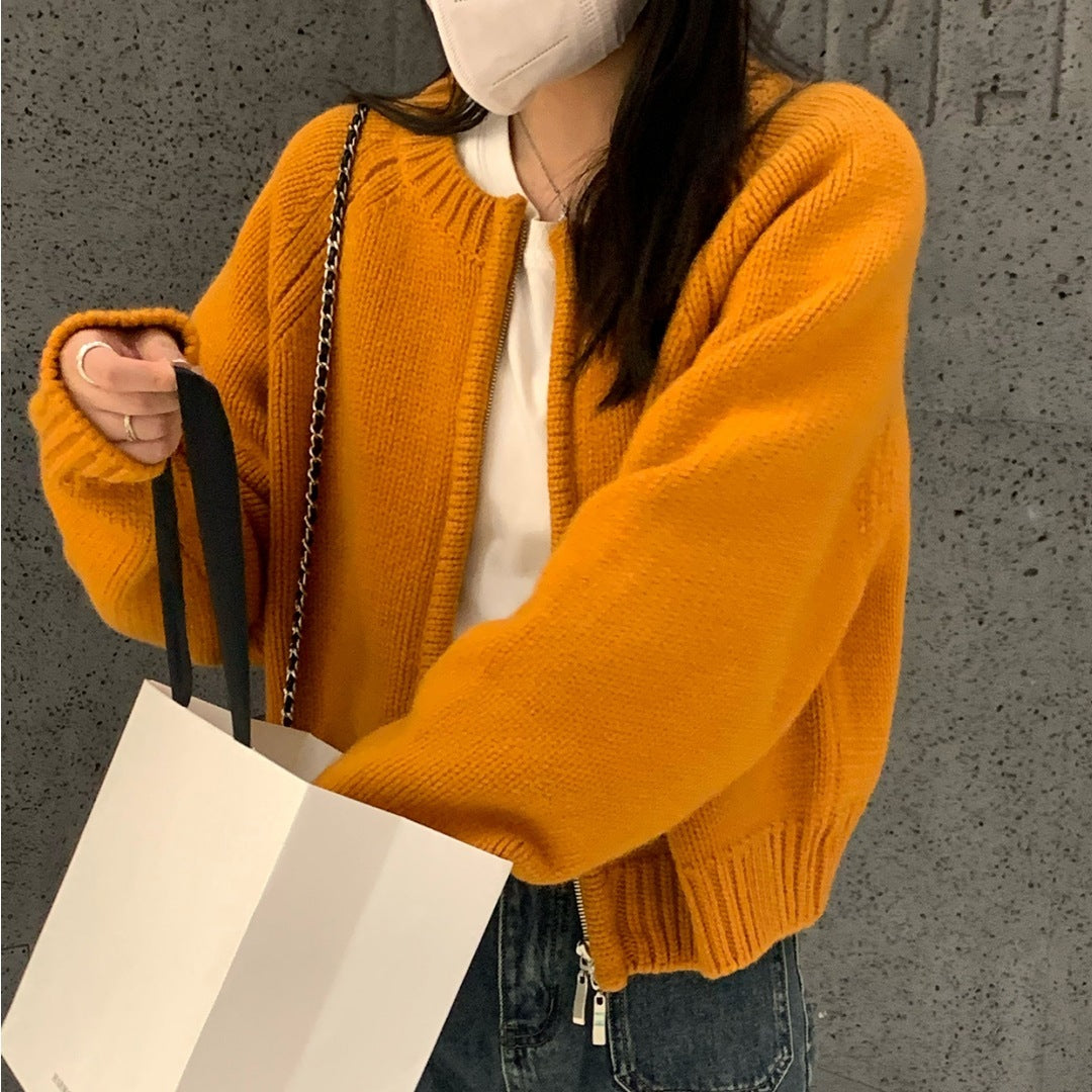 Orange Zipper Sweater Cardigan For Women