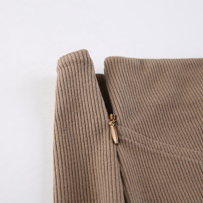 Women's Skinny Panel Lace-Up Brown Ruffle Pack Hip Skirt