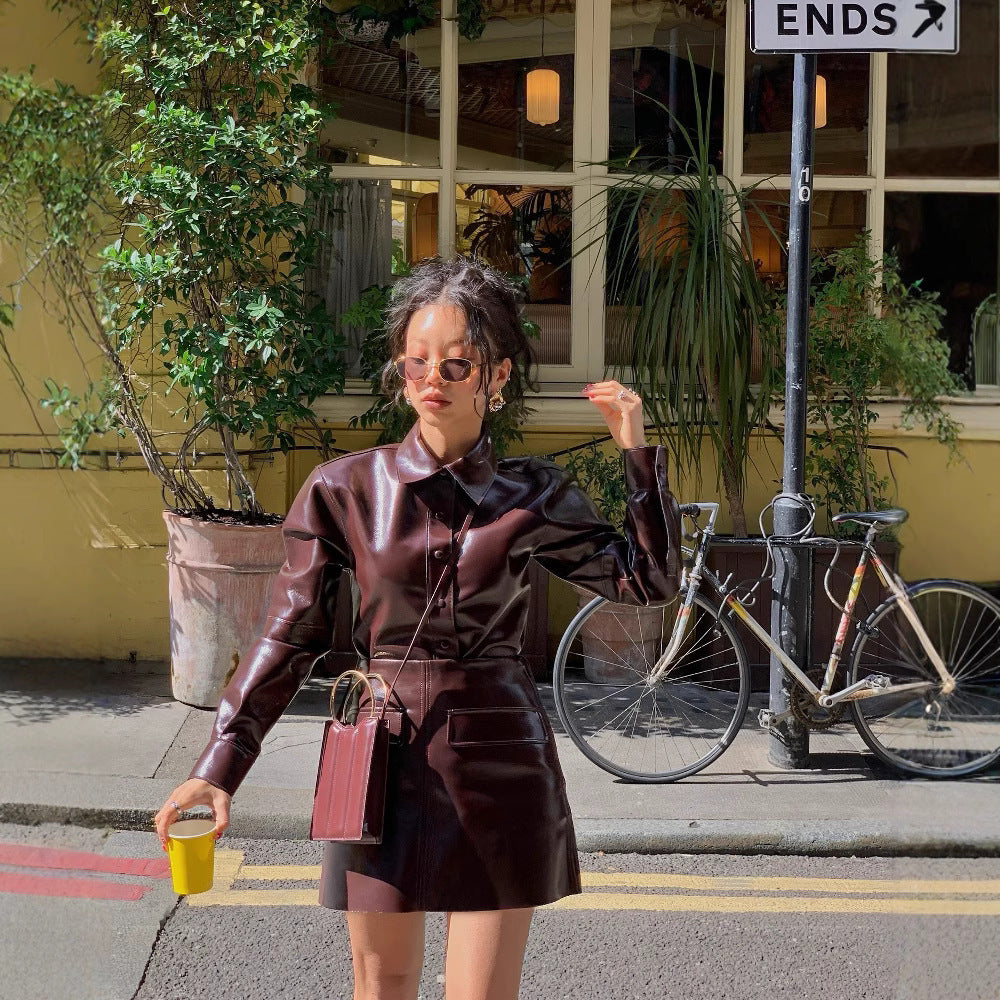 Women's Lapel Button PU Coat Mini Skirt Two-piece Set