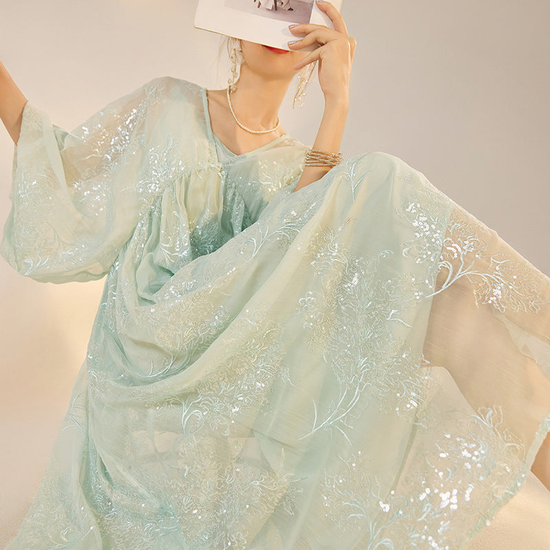 Summer New Chinese Style Elegant Dress National Style New Loose Sequins