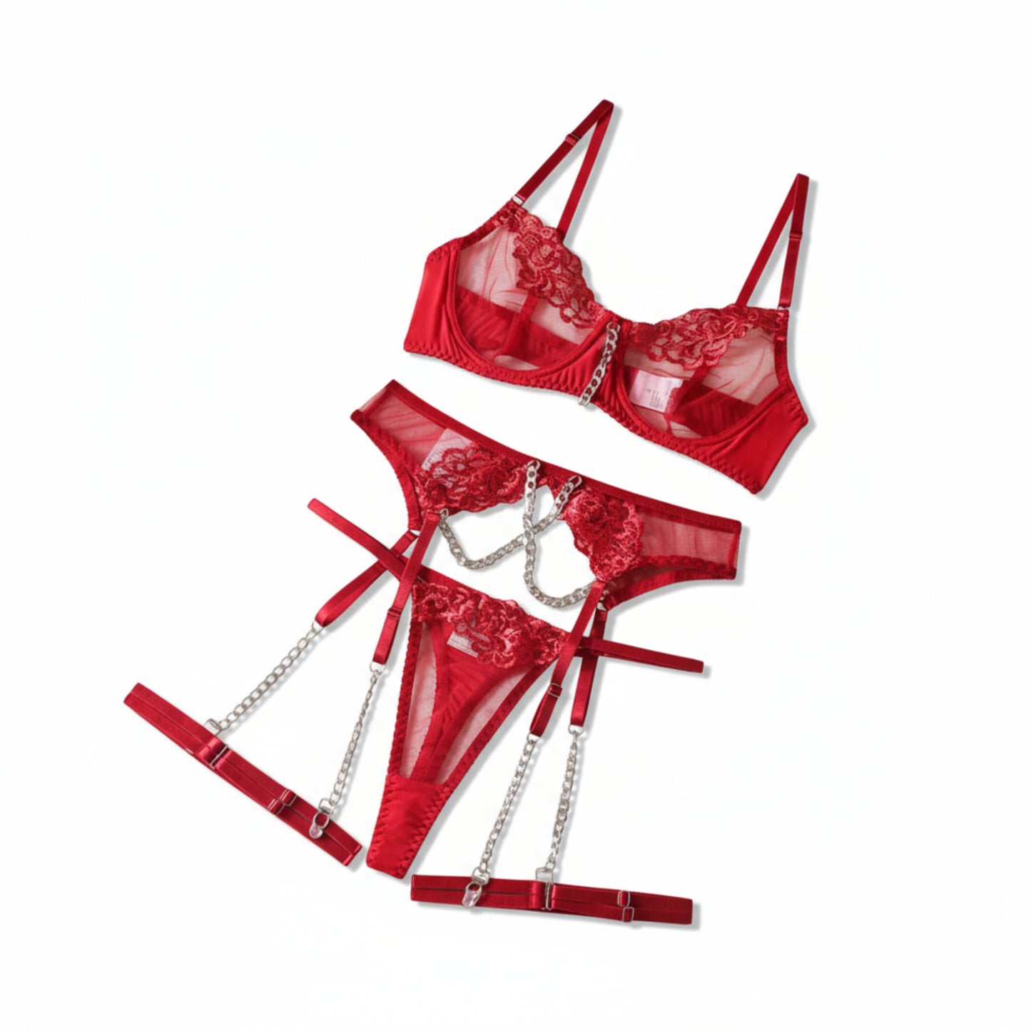 Metal Chain Embroidered 4-Piece Lingerie Set – Sexy European Style See-Through Design