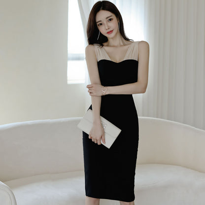 Women's Elegant Slim Dress With Color Blocking Halter Straps