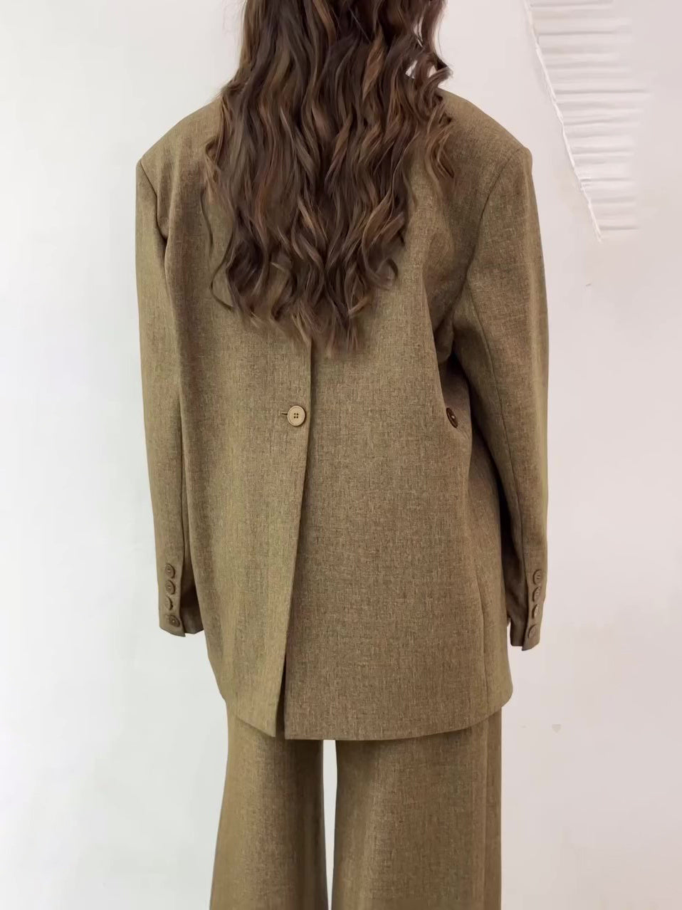 Solid Color Slit Back Buttoned Waist Blazer & High Waist Pants Set