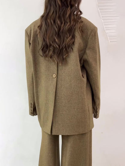 Solid Color Slit Back Buttoned Waist Blazer & High Waist Pants Set