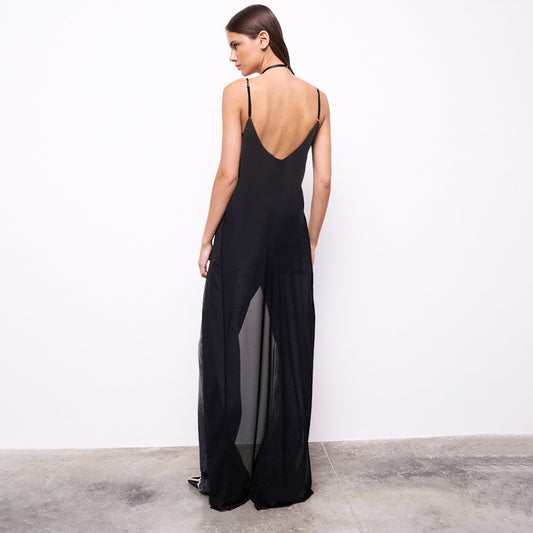 Summer New Pure Color Mesh Sling Tied Top