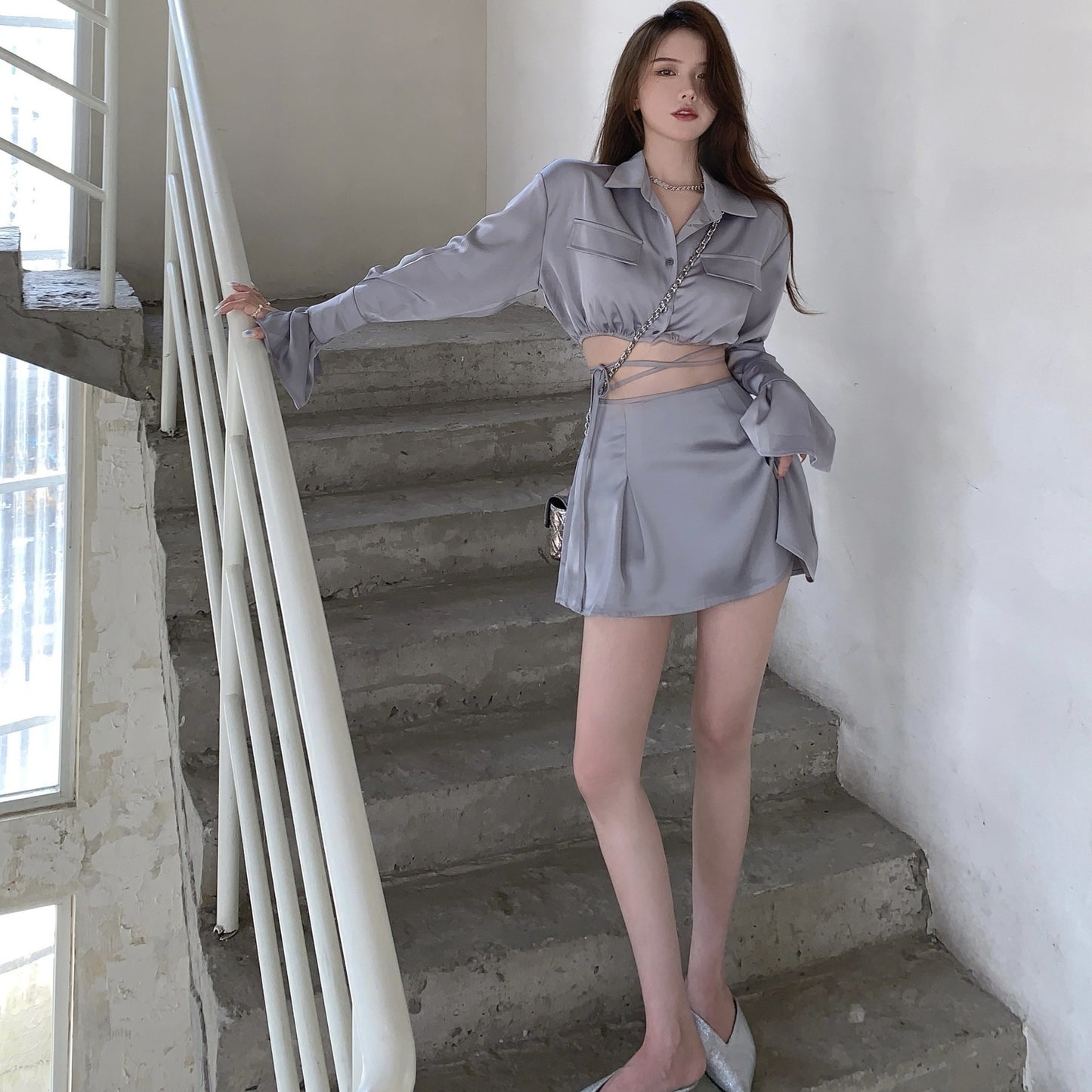 Satin Long-sleeved Sun Protection Shirt Skirt