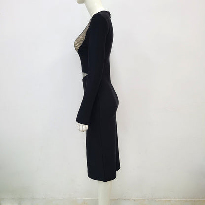 Long Sleeve Elegant Fishnet Hollow Hot Rhinestone Bandage One-piece Dress
