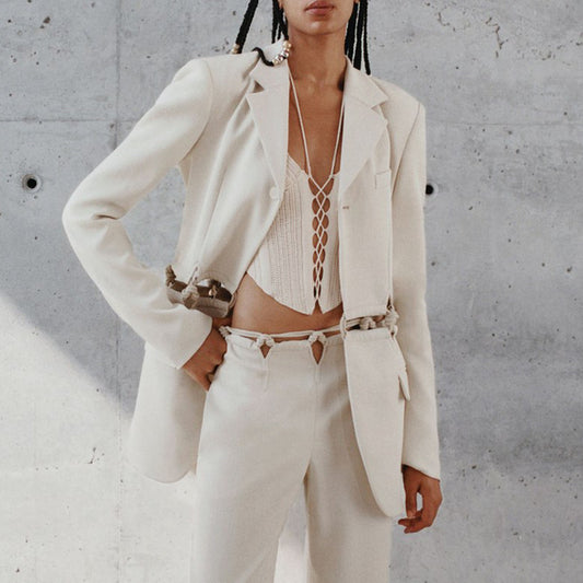 Woven Stitching Statement One-button Cropped Blazer Pants