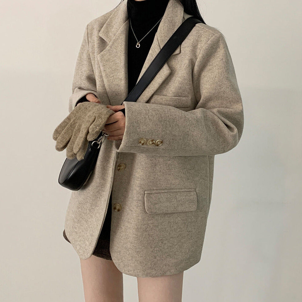 Retro British Style Temperament Mid-length Loose Woolen Blazer