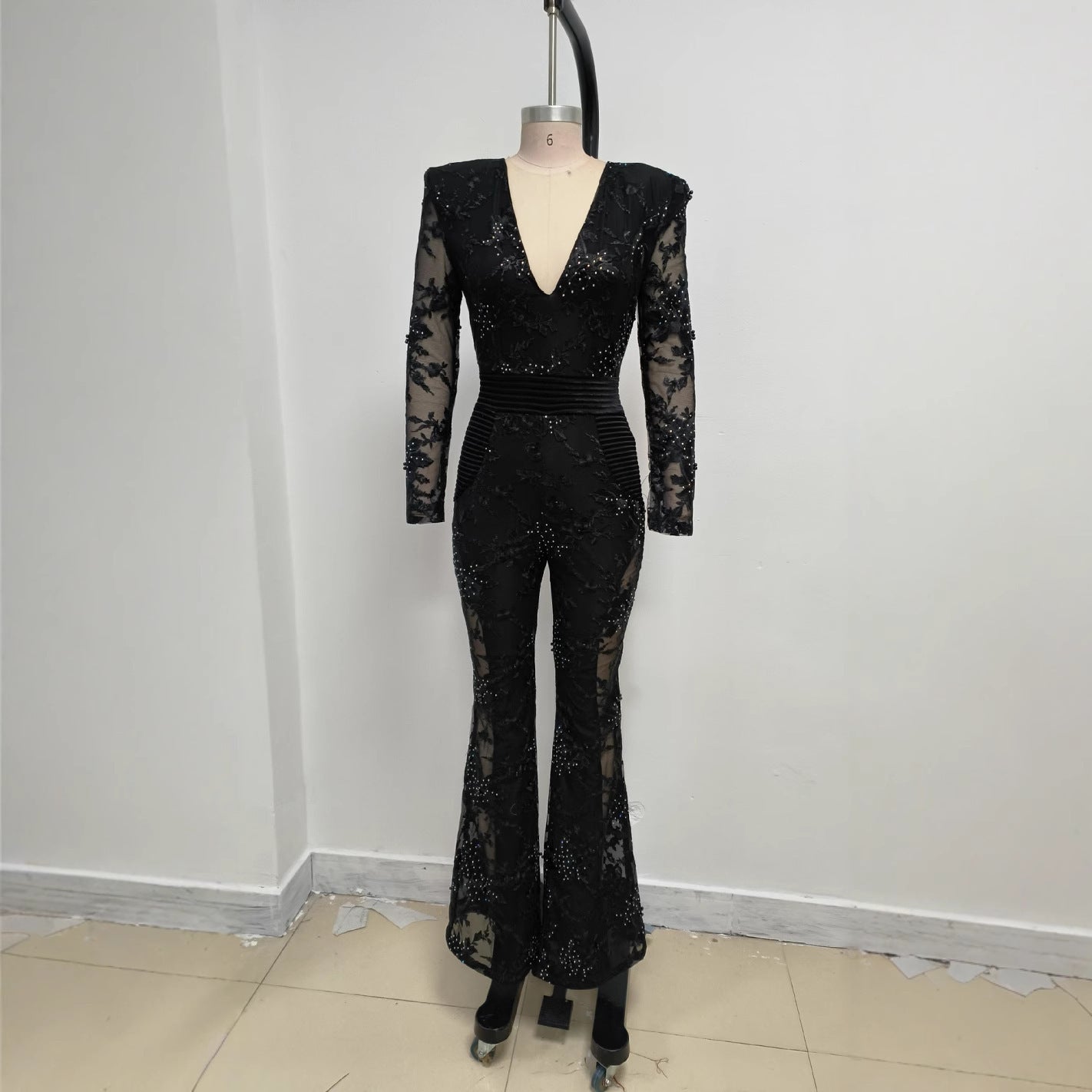 Elegant V-neck One-piece Trousers Stitching Lace Rhinestone Long Sleeve Evening Dress
